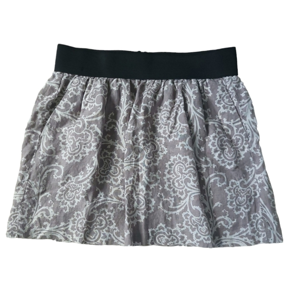 LOFT Linen Paisley Mini Skirt Size 8 Gray White Elastic Waist Pockets